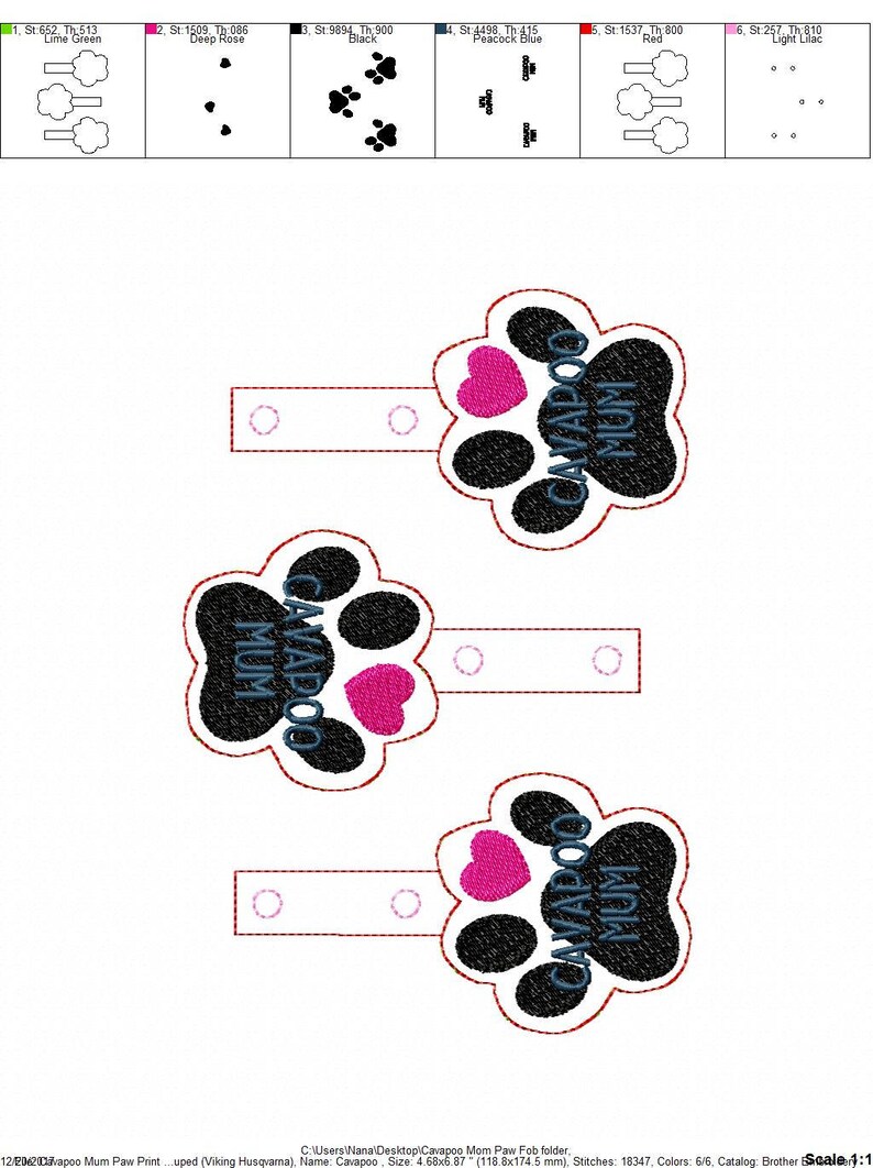 Cavapoo Mom AND Mum Paw Print - in the Hoop - Snap/rivet Key Fob ...
