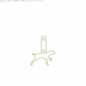 May include: A green outline of a dog with a red circle on a white background. The dog is running and has a long tail. There is a green rectangle with two red circles on top of the dog.