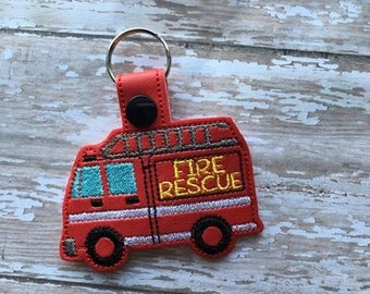 Fire Truck - Fireman- Firefighter - In The Hoop - Snap/Rivet Key Fob - DIGITAL EMBROIDERY DESIGN