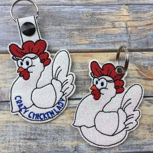 Crazy Chicken Lady 2 Design Styles Snap/Rivet Key Fob DIGITAL Embroidery Design image 1