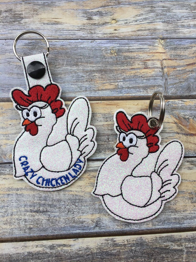 Crazy Chicken Lady 2 Design Styles Snap/Rivet Key Fob DIGITAL Embroidery Design image 1