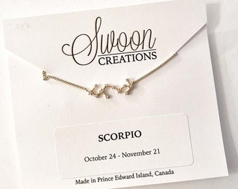 Scorpio Constellation Necklace, Gold Rhodium Plated with Cubic Zirconia, Minimalist Zodiac Charm Chain