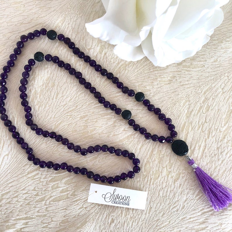 Amethyst Prayer Beads Necklace, aromatherapy jewelry, lava stone, mala neckace, gemstone mala, crystal healing, essential oil jewellery image 6