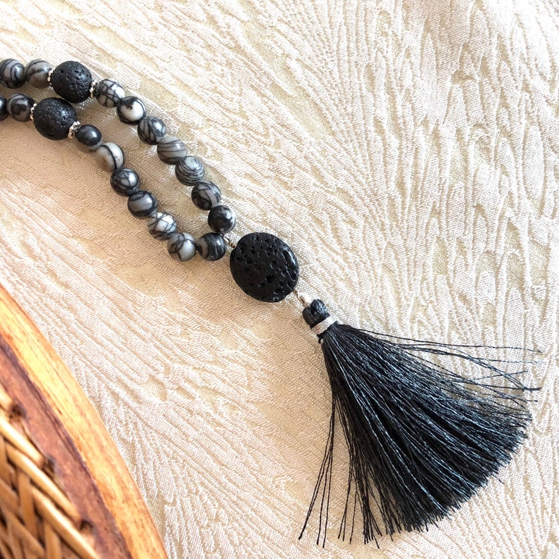 Silk Stone beaded necklace mala necklace meditation bead buddhist prayer tassel necklace Grey Prayer Beads