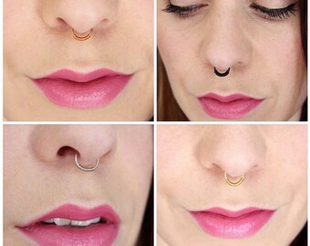 Fake Nose Ring Set of Four - Faux Piercing No Pierce Septum Ring Septum Hanger Nose Cuff No Pain Minimalist Silver Black Gold Rose Copper