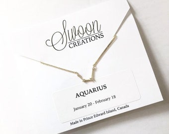 Aquarius Constellation Necklace, Gold Rhodium Plated with Cubic Zirconia, Minimalist Zodiac Charm Chain