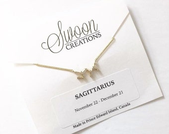 Sagittarius Constellation Necklace, Gold Rhodium Plated with Cubic Zirconia, Minimalist Zodiac Charm Chain