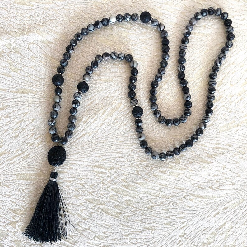 Silk Stone beaded necklace mala necklace meditation bead buddhist prayer tassel necklace Grey Prayer Beads