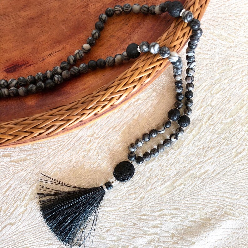Silk Stone beaded necklace mala necklace meditation bead buddhist prayer tassel necklace Grey Prayer Beads