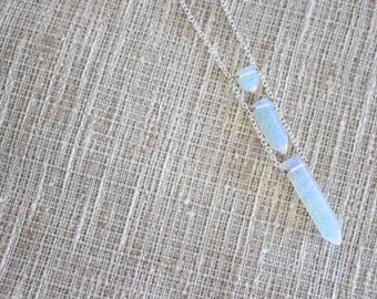 Opal Necklace, Opalescent Prism Chain, Bohemian Opalite Point Pendant