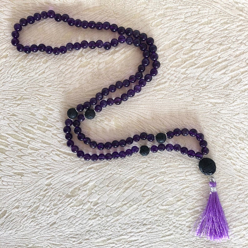 Amethyst Prayer Beads Necklace, aromatherapy jewelry, lava stone, mala neckace, gemstone mala, crystal healing, essential oil jewellery image 3