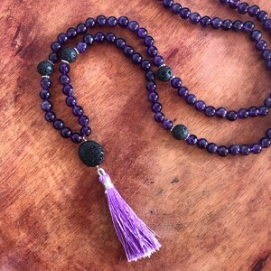 Amethyst Prayer Beads Necklace, aromatherapy jewelry, lava stone, mala neckace, gemstone mala, crystal healing, essential oil jewellery image 2