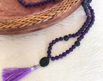 Amethyst Prayer Beads Necklace, aromatherapy jewelry, lava stone, mala neckace, gemstone mala, crystal healing, essential oil jewellery