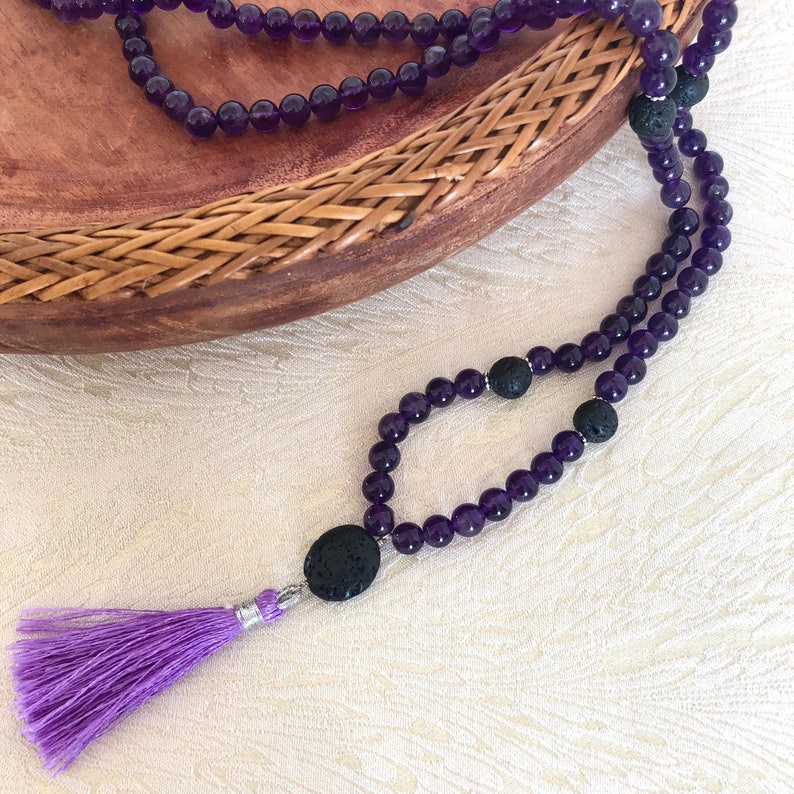 Amethyst Prayer Beads Necklace, aromatherapy jewelry, lava stone, mala neckace, gemstone mala, crystal healing, essential oil jewellery image 1