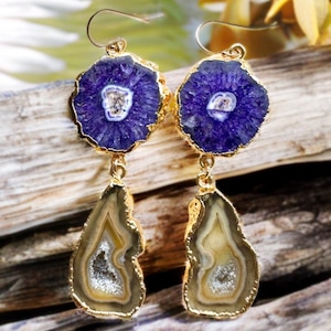 Xiomara - Lila Solar Quarz Geode Ohrringe: 14k Gold-Filled Haken