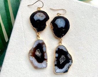 Emerina - Dark Brown Agate Druzy Drop Earrings