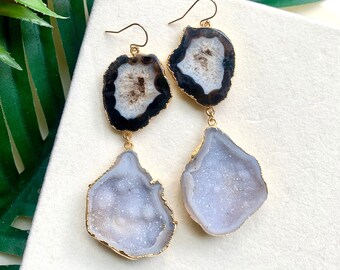 Greta - Brown and Gray Agate Geode Statement Drop Earrings