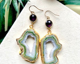 Elara - Purple Agate Quartz Glass Drop Earrings, Green Agate Earrings