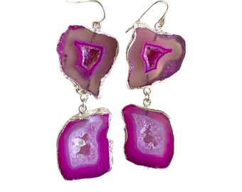 Dina - Silver Edged Pink Geode Earrings