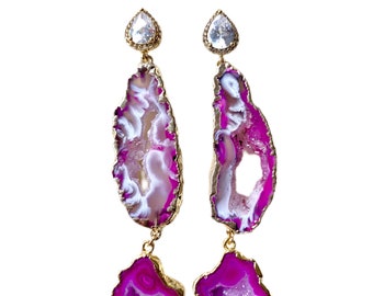 Giselle- Pink Agate Geode Statement Earrings