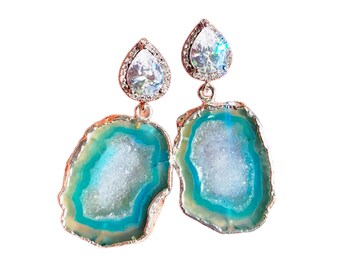 Jolie - Silver Edged Teal Geode Earrings