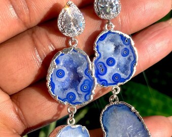 Billie - Silver Edged Blue Geode Earrings, Blue Statement Earrings, Long Blue Earrings