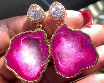 Priscilla - Pink Geode Earrings