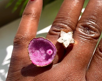 Marissa - Pink Geode Druzy Ring, Statement Ring, Ringe für Große Finger, Stern Ring
