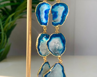 Lunella - Long Blue Geode Statement Earrings