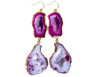Darla - Pink Geode Earrings, Geode Drop Earrings, Pink and Purple Earrings