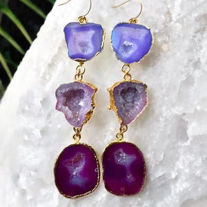 Lucia - Lila, Pink und Burgunder lange Geoden Statement Ohrringe