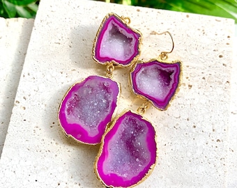 Gina - Pink Geode Earrings, Fuchsia Geode Earrings, Pink Statement Earrings, Pink Drop Earrings