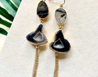 Gianna - Black Geode Tassel Earrings, Geode Drop Earrings