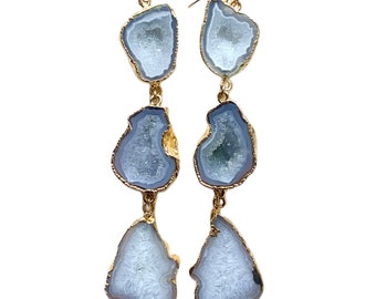 Blair - Gray Agate Geode Statement Earrings, Long Geode Earrings, Gray Geode Earrings, Long Gray Earrings, Geode Drop Earrings