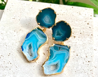 Janet - Boucles d'oreilles géode en agate bleue