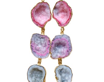 Isabel - Long Pink and Gray Geode Earrings, Drop Earrings, Dangle Earrings, Agate Earrings, Statement Earrings, Stone Earrings