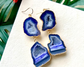 Zale - Dark Blue Druzy Geode Statement Earrings