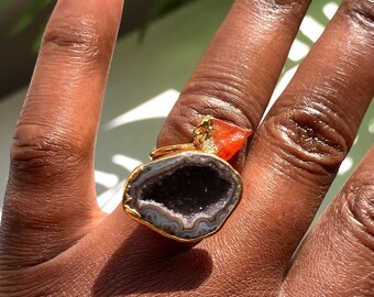 Raven - Black Geode Ring Raw Carnelian Ring Natural Crystal Ring Statement Ring Druzy Ring