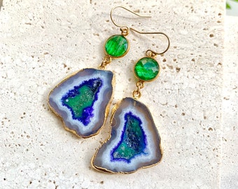 Kamari - Blue Geode Earrings, Green Glass Earrings, Statement Earrings, Green Geode Earrings, Unique Earrings for Her