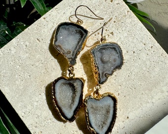 Viana - Black Geode Earrings, Long Black Earrings, Geode Statement Earrings