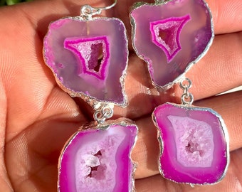 Dina - Silver Edged Pink Geode Earrings