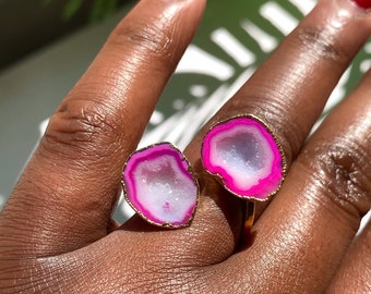 Clarissa - Pink Double Geode Ring Unique Statement Ring Hot Pink Ring Geode Ring Pink