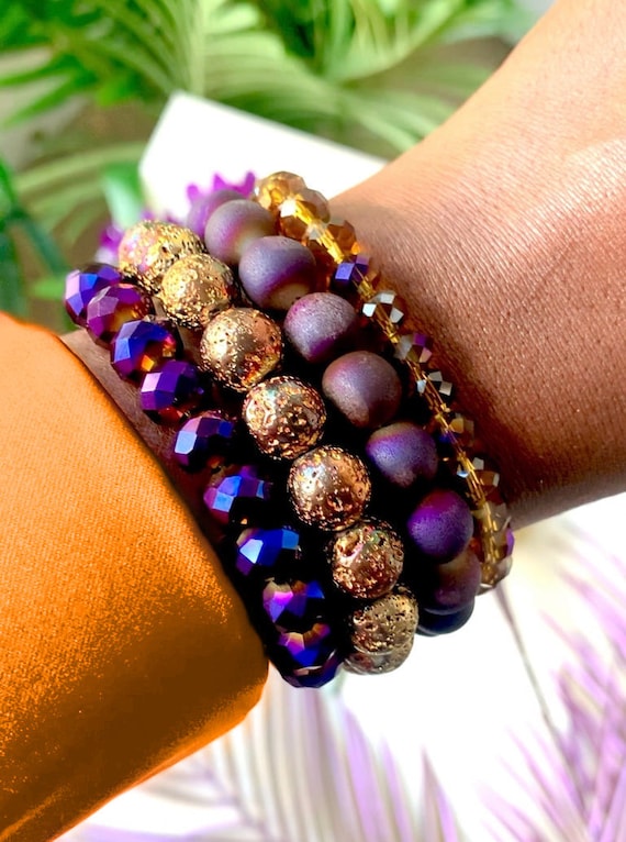 Navya Purple and Gold Druzy Lava Stone Bead Bracelet Set UK