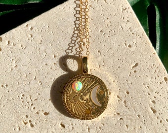 Olympia - Gold Coin Necklace, Moon Necklace, Fire Opal Necklace