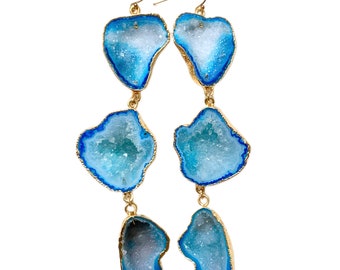 Skye - Long Light Blue Druzy Geode Quartz Statement Earrings