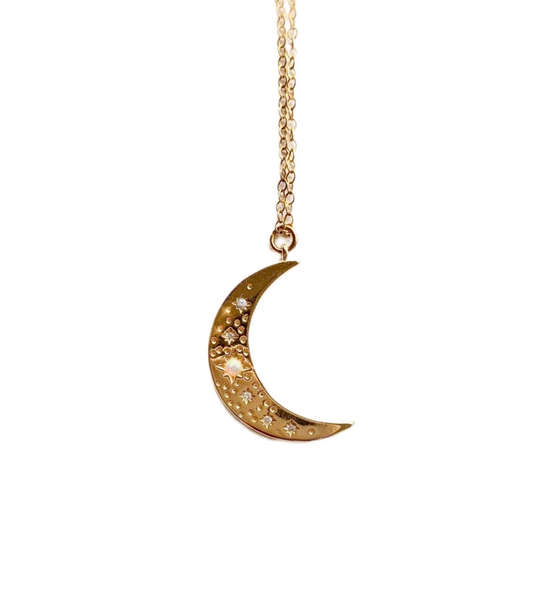 Celestial Gold Opal Crescent Moon Pendant Necklace 14k Gold Filled Chain image 2