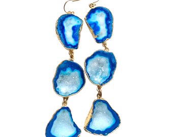 Lunella - Long Blue Geode Statement Earrings