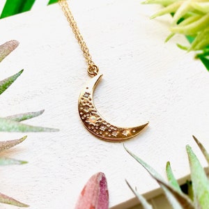 Celestial Gold Opal Crescent Moon Pendant Necklace 14k Gold Filled Chain image 1