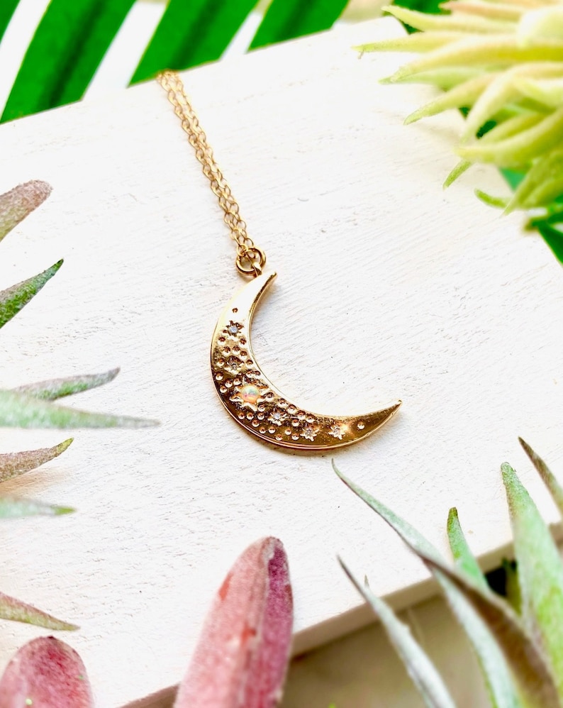 Celestial Gold Opal Crescent Moon Pendant Necklace 14k Gold Filled Chain image 1