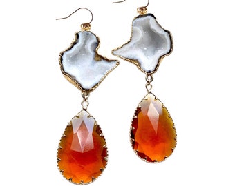 Pharoah - White Geode Brown Glass Drop Boho Statement Earrings